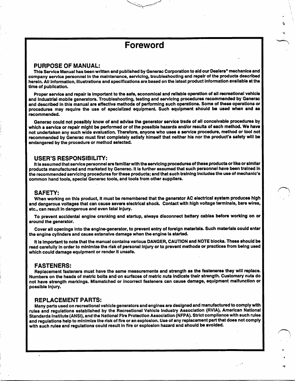 Foreword, Purpose of manual, User’s responsibility | Safety, Fasteners, Replacement parts | Generac 86640 User Manual | Page 2 / 120