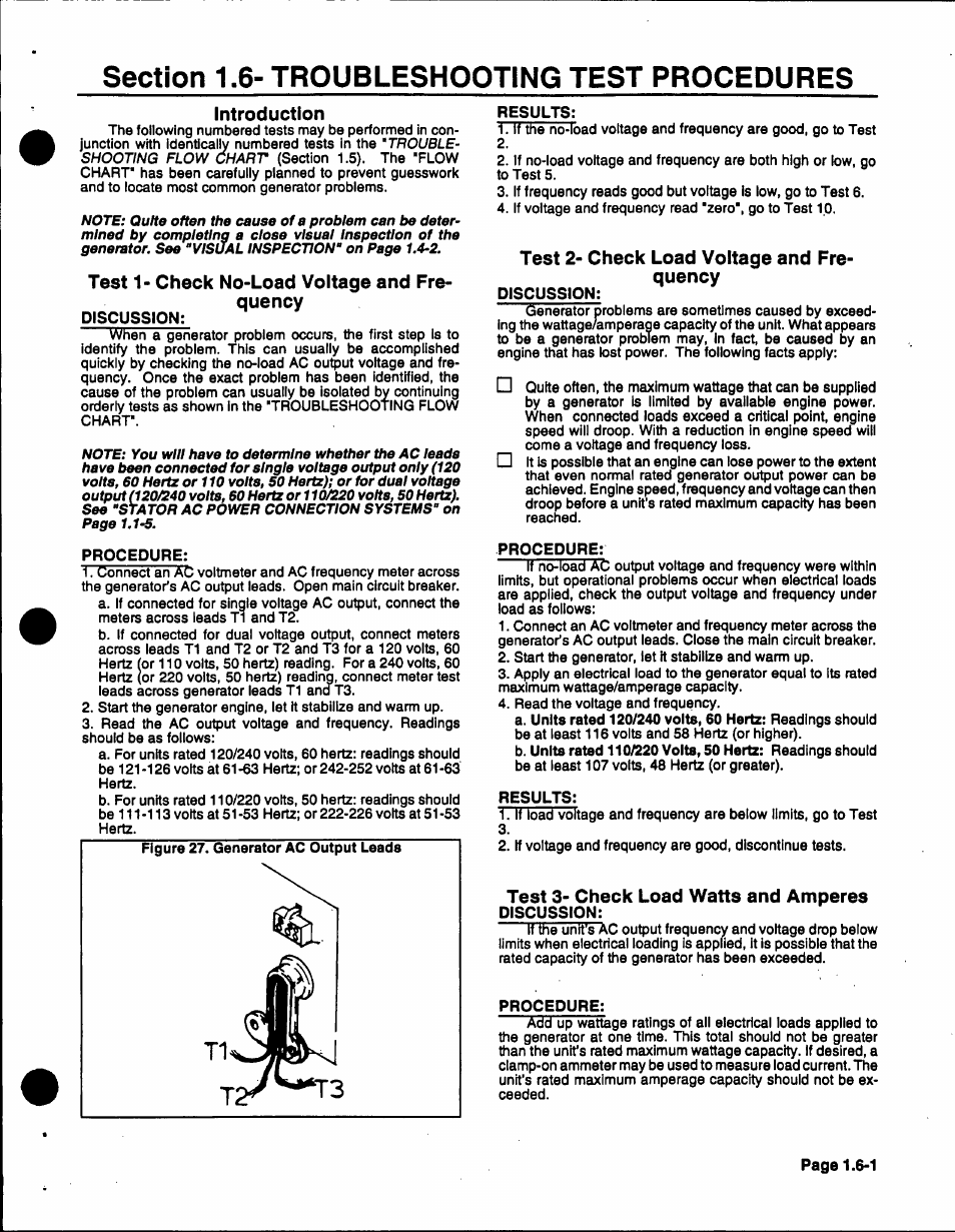 Introduction, Test 1> check no-load voltage and frequency, Test 2- check load voltage and frequency | Test 3- check load watts and amperes | Generac 86640 User Manual | Page 21 / 120