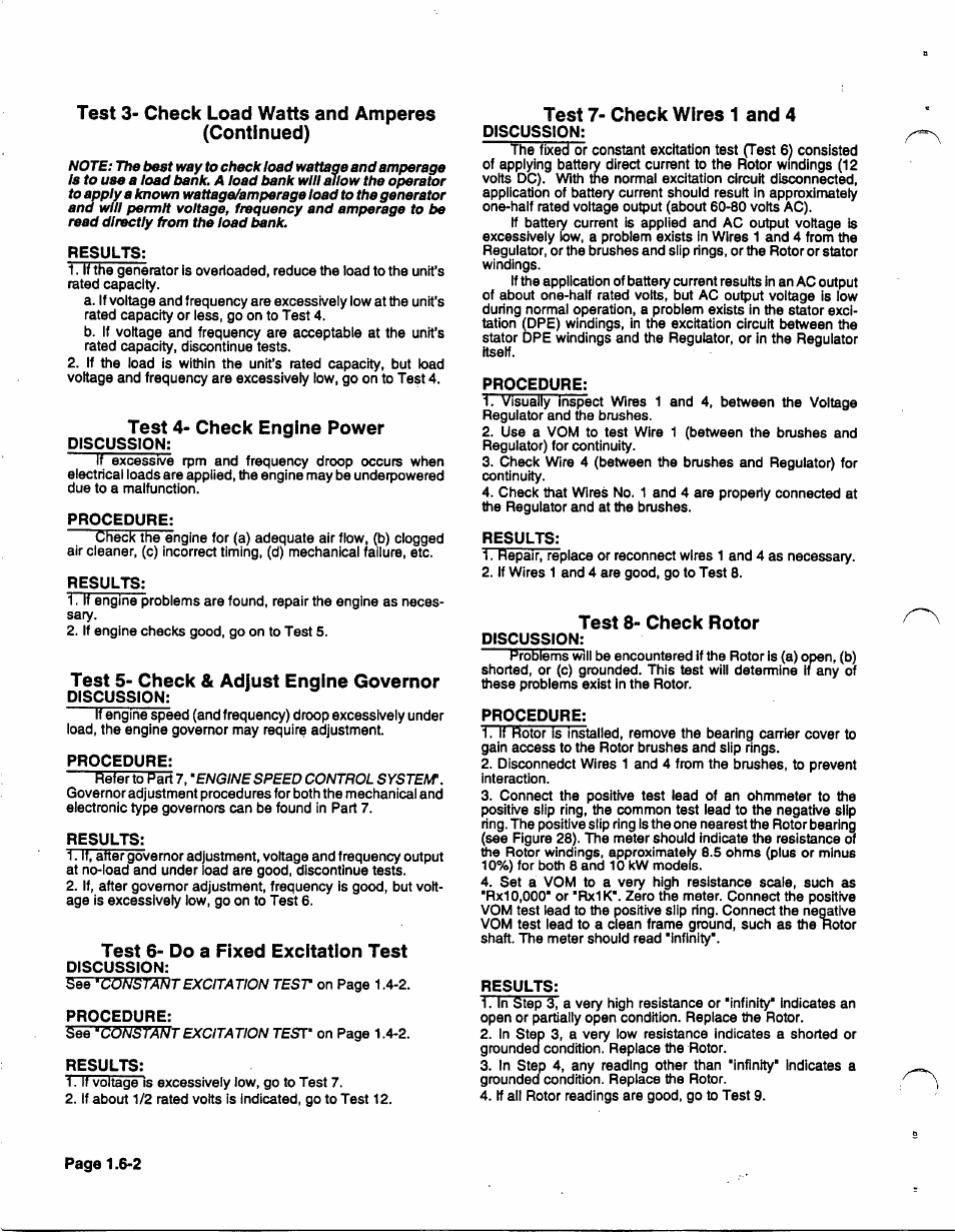 Test 6- do a fixed excitation test, Test 7- check wires 1 and 4, Test 8- check rotor | Generac 86640 User Manual | Page 22 / 120