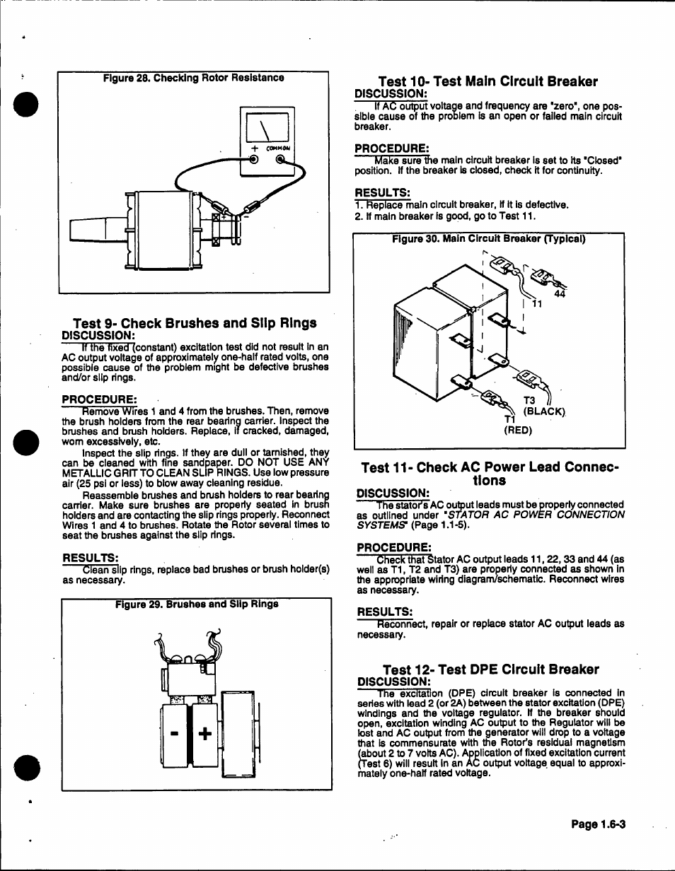 Test 9> check brushes and slip rings, Test 10- test main circuit breaker, Test 11- check ac power lead connections | Test 12- test dpe circuit breaker | Generac 86640 User Manual | Page 23 / 120