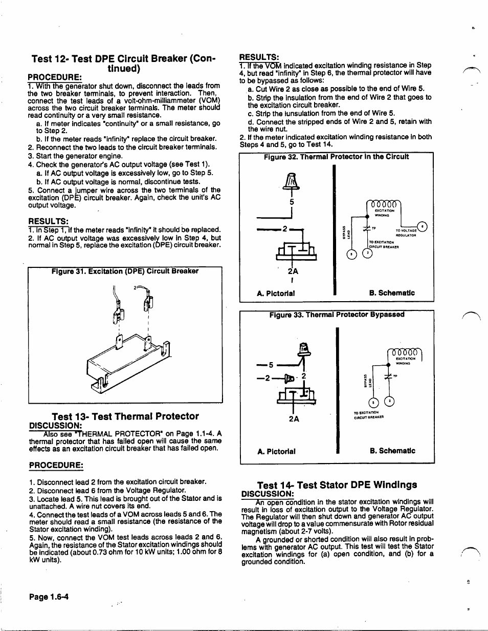 Test 12< test dpe circuit breaker (continued), Test 13- test thermal protector, Test 14- test stator dpe windings | Test 12< test dpe circuit breaker (con­ tinued) | Generac 86640 User Manual | Page 24 / 120
