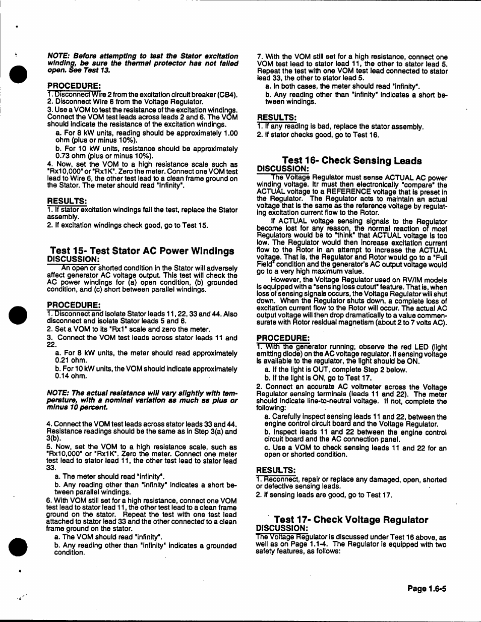 Test 15- test stator ac power windings, Test 16- check sensing leads, Test 17- check voltage regulator | Generac 86640 User Manual | Page 25 / 120