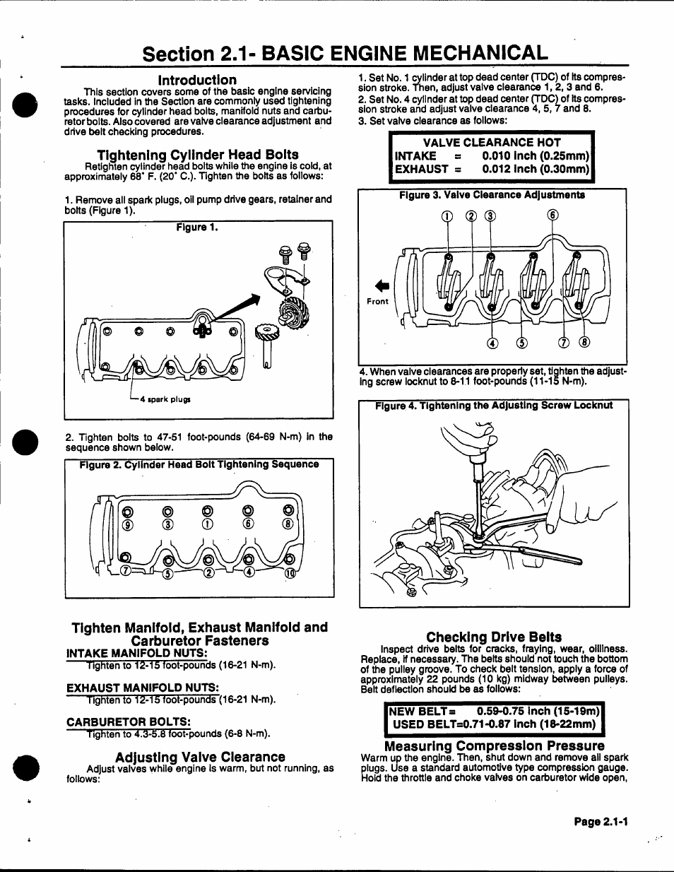 Introduction, Tightening cylinder head boits, Exhaust manifold nuts | Carburetor bolts, Adjusting vaive clearance, Valve clearance hot intake s 0.010 inch (0.25mm), Checking drive beits, Measuring compression pressure | Generac 86640 User Manual | Page 28 / 120