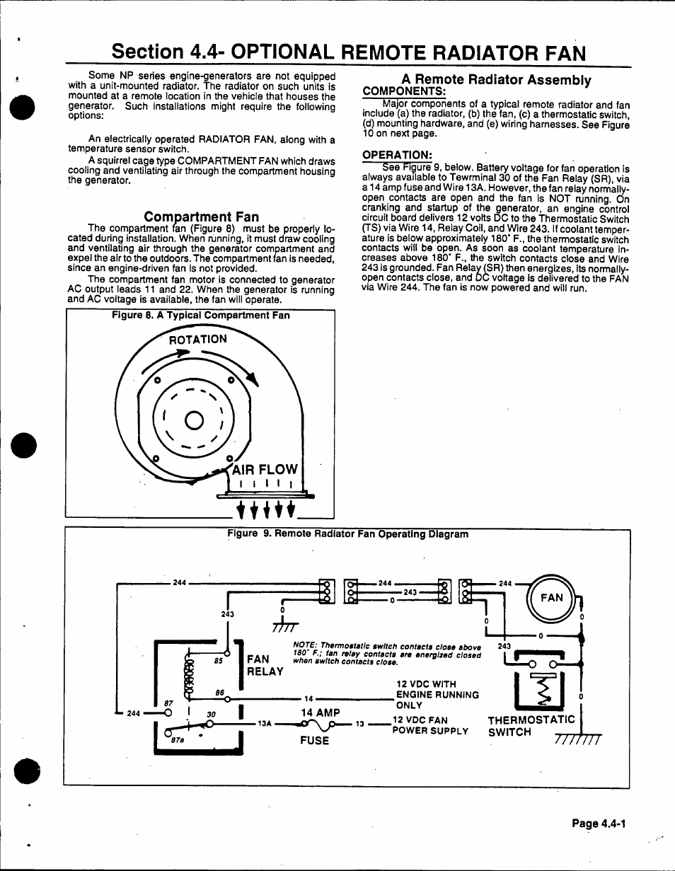 Section 4.4- optional remote radiator fan, Compartment fan, A remote radiator assembly | Components, Operation, Figure 9. remote radiator fan operating diagram, 14 amp, Fuse | Generac 86640 User Manual | Page 56 / 120