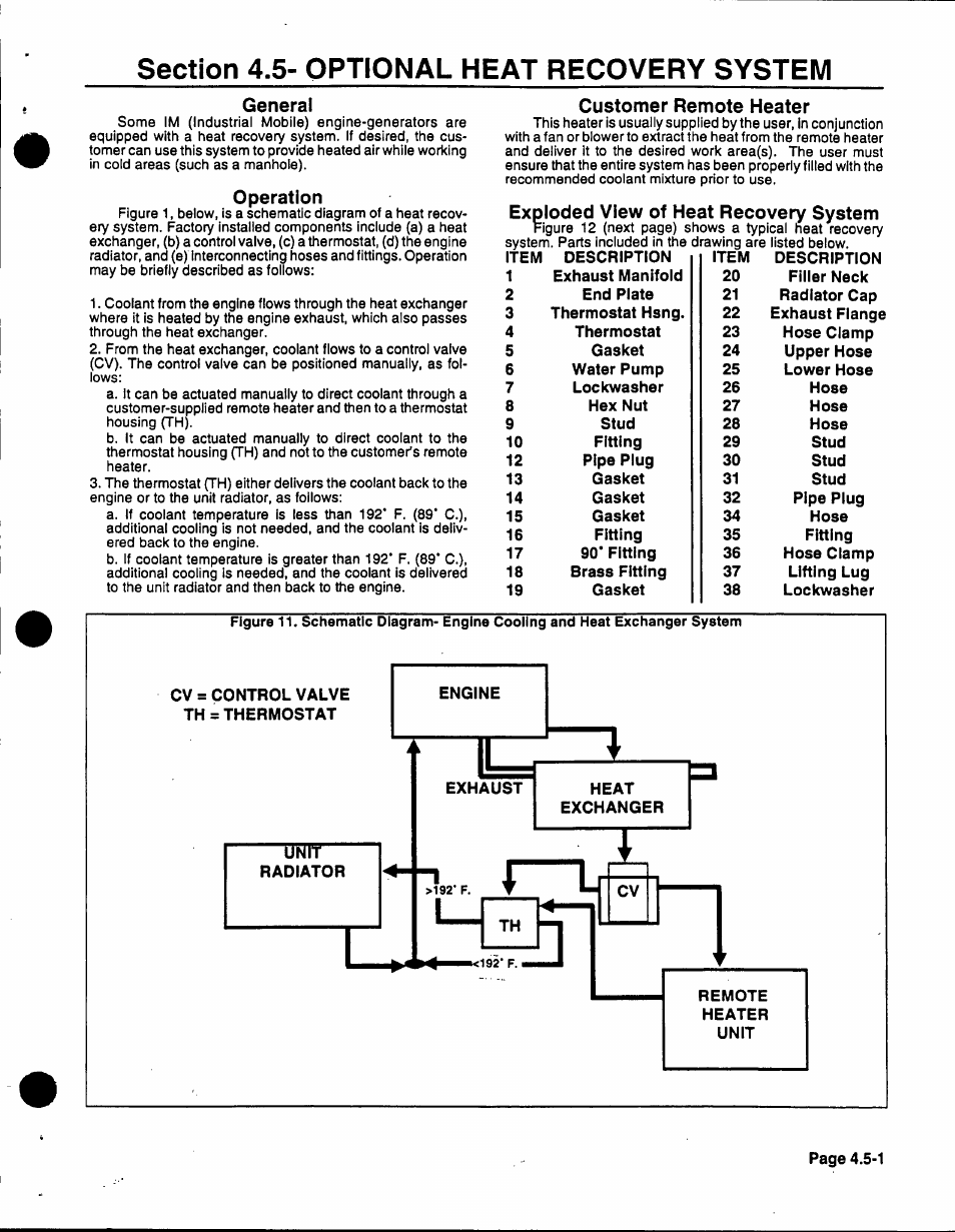 Section 4.5- optional heat recovery system, General, Operation | Customer remote heater, Exploded view of heat recovery system | Generac 86640 User Manual | Page 58 / 120