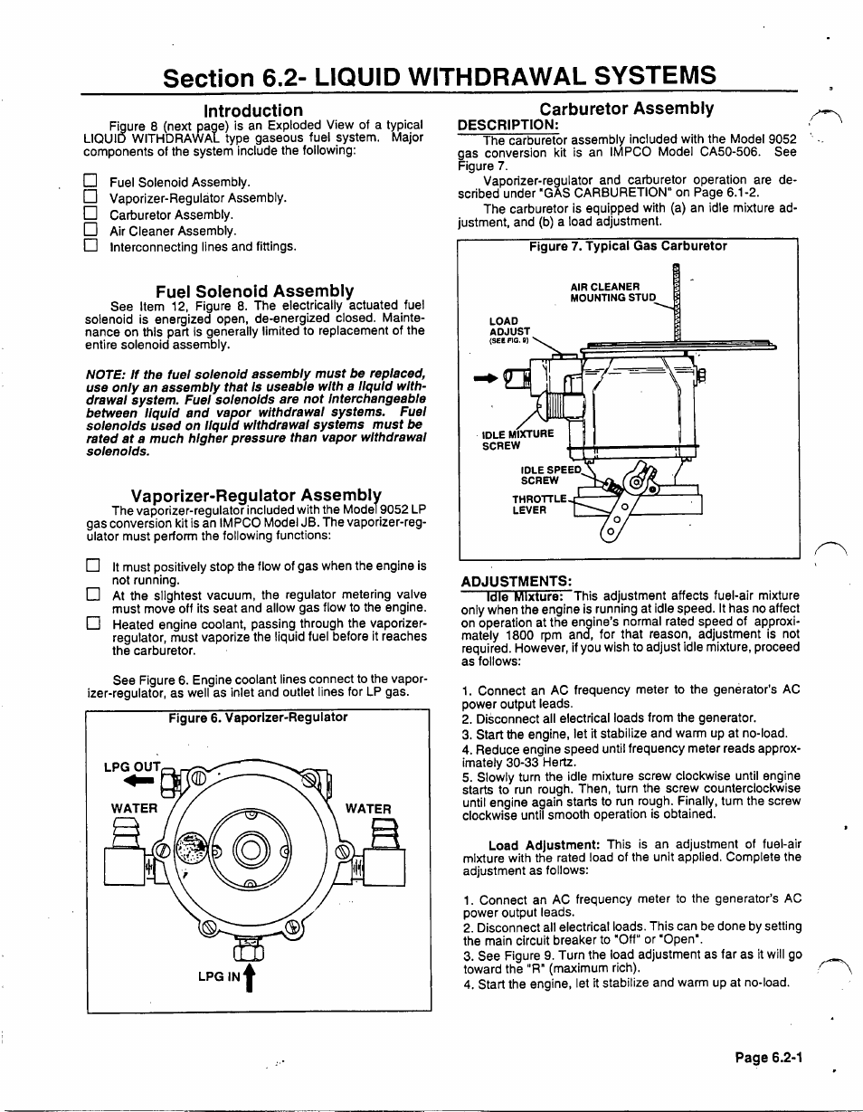 Introduction, Fuel solenoid assembly, Vaporizer-regulator assembly | Carburetor assembly, Description, Adjustments | Generac 86640 User Manual | Page 68 / 120