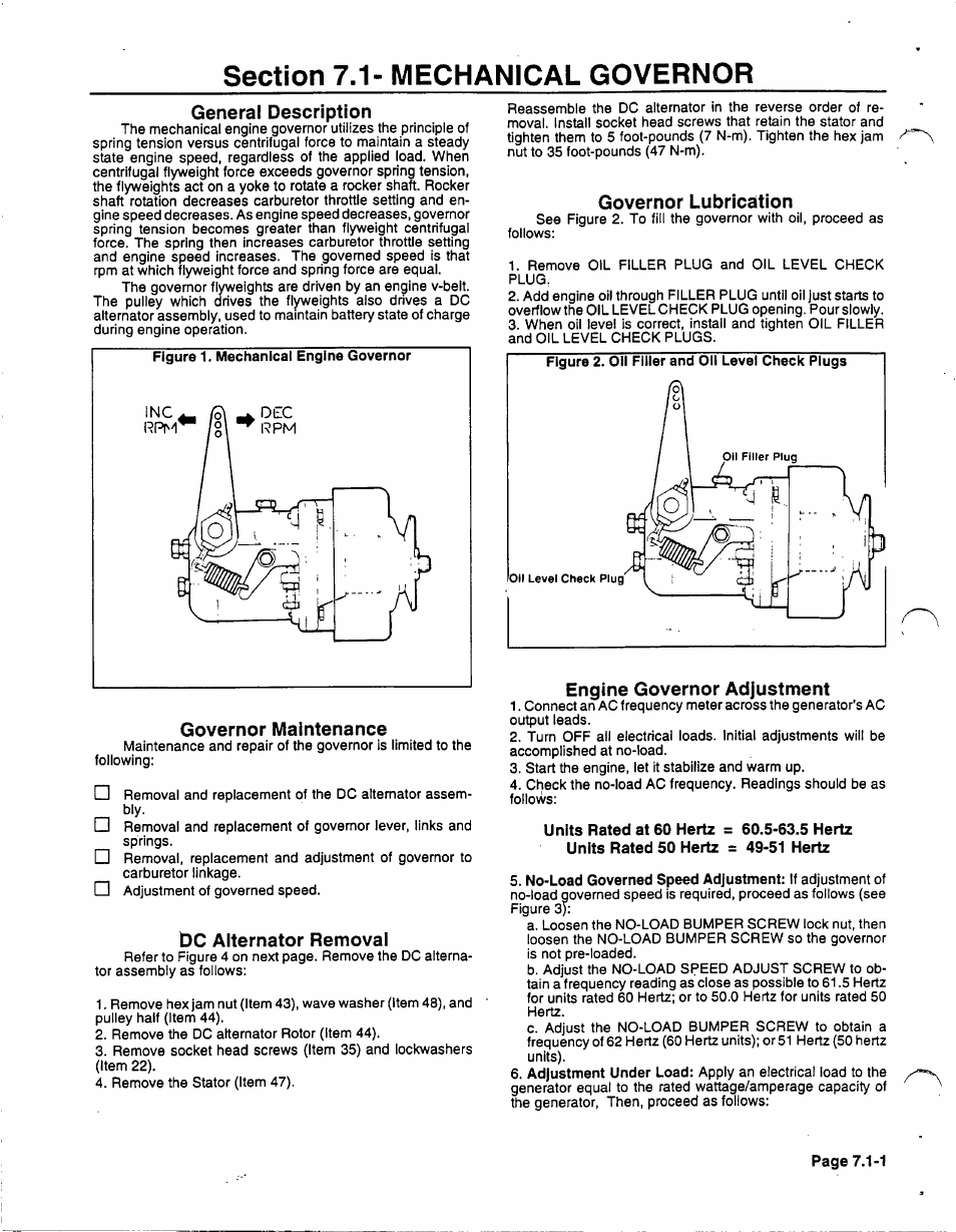 Section 7.1- mechanical governor, General description, Governor maintenance | Dc alternator removal, Governor lubrication, Engine governor adjustment | Generac 86640 User Manual | Page 74 / 120