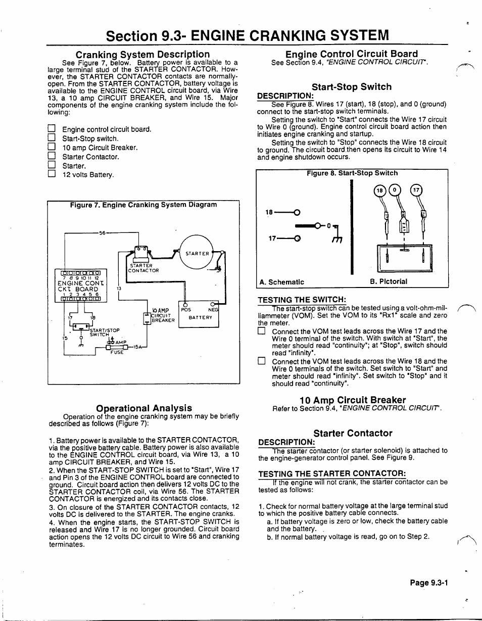 Cranking system description, Operational analysis, Engine control circuit board | Start-stop switch, Description, Testing the switch, 10 amp circuit breaker, Starter contactor, Testing the starter contactor | Generac 86640 User Manual | Page 88 / 120