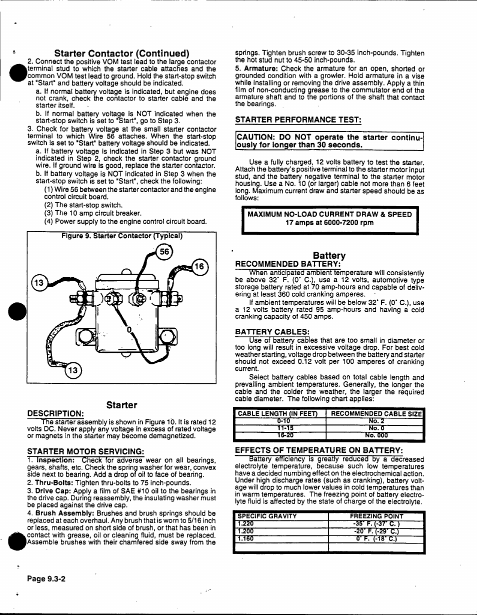 Starter contactor (continued), Starter, Description | Starter motor servicing, Starter performance test, Battery, Recommended battery, Ba’ttery cables, Effects of temperature on battery | Generac 86640 User Manual | Page 89 / 120