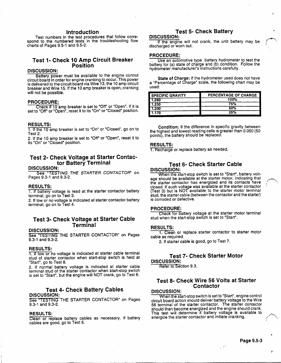 Discussion, Procedure, Results | Introduction, Test 1- check 10 amp circuit breaker position, Test 3- check voltage at starter cable terminal, Test 4- check battery cables, Test 5- check battery, Test 6- check starter cable, Test 7- check starter motor | Generac 86640 User Manual | Page 96 / 120