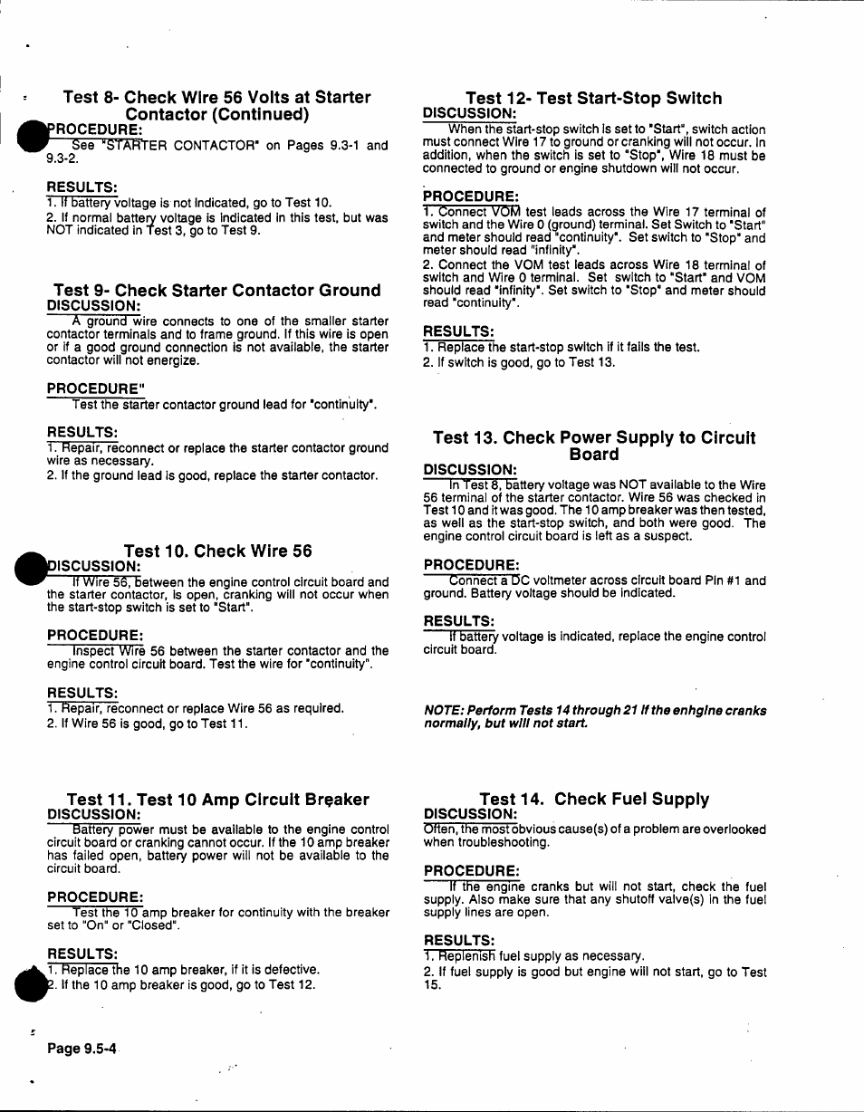 Results, Test 9- check starter contactor ground, Discussion | Procedure, Test 10. check wire 56, Iscussion, Test 12- test start-stop switch, Test 13. check power supply to circuit board, Test 11. test 10 amp circuit breaker, Test 14. check fuel supply | Generac 86640 User Manual | Page 97 / 120