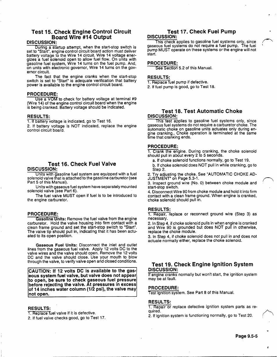 Test 16. check fuel valve, Test 17. check fuel pump, Test 18. test automatic choke | Test 19. check engine ignition system | Generac 86640 User Manual | Page 98 / 120