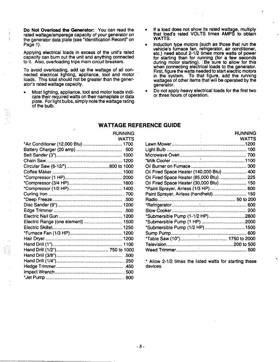 Wattage reference guide | Generac 9600-3 User Manual | Page 10 / 32