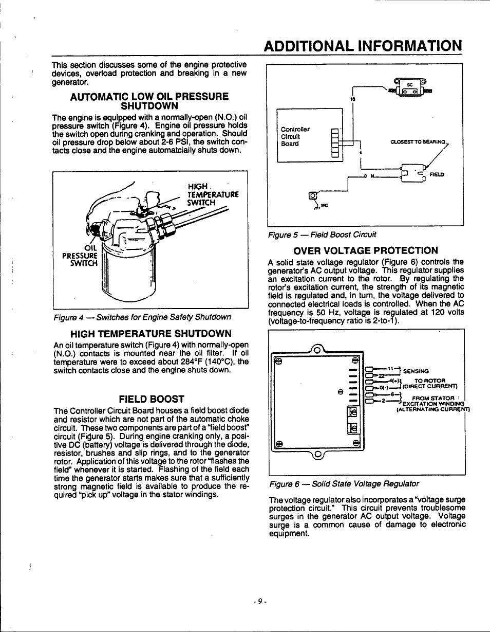 Automatic low oil pressure shutdown, High temperature shutdown, Field boost | Over voltage protection, Additional information | Generac 9600-3 User Manual | Page 11 / 32