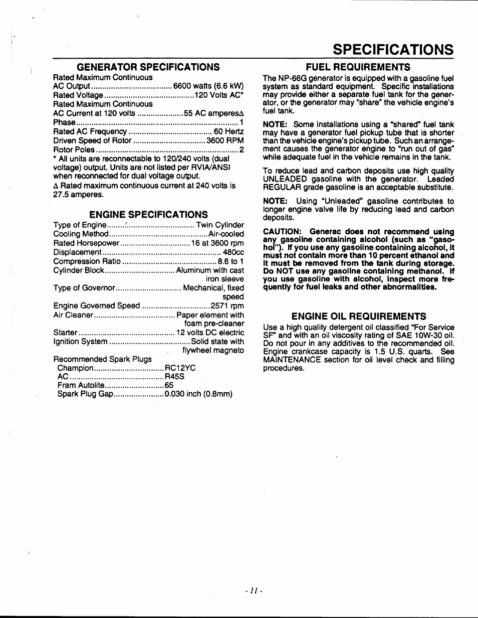 Generator specifications, Engine specifications, Fuel requirements | Engine oil requirements, Specifications | Generac 9600-3 User Manual | Page 13 / 32