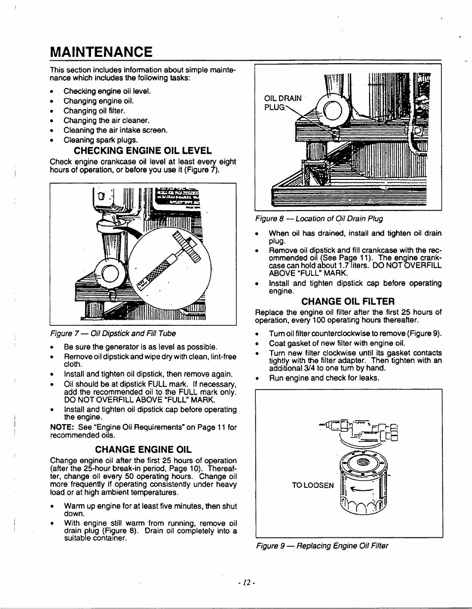 Maintenance, Change engine oil, Change oil filter | Generac 9600-3 User Manual | Page 14 / 32