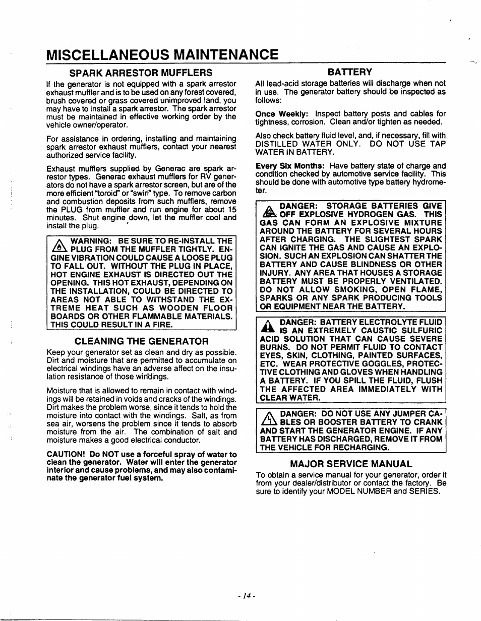 Miscellaneous maintenance, Spark arrestor mufflers, Cleaning the generator | Battery, Major service manual, Spark arrestor muffler, Exercising the generator | Generac 9600-3 User Manual | Page 16 / 32