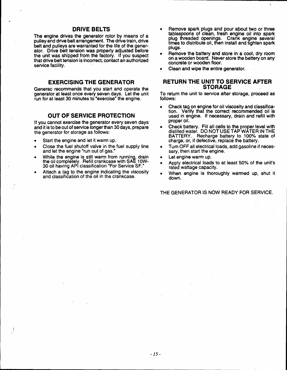 Drive belts, Exercising the generator, Out of service protection | Return the unit to service after storage | Generac 9600-3 User Manual | Page 17 / 32