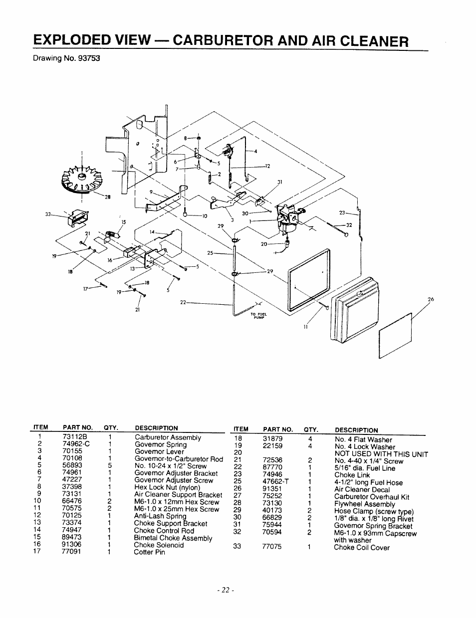Exploded vtew — carburetor and air cleaner | Generac 9600-3 User Manual | Page 24 / 32