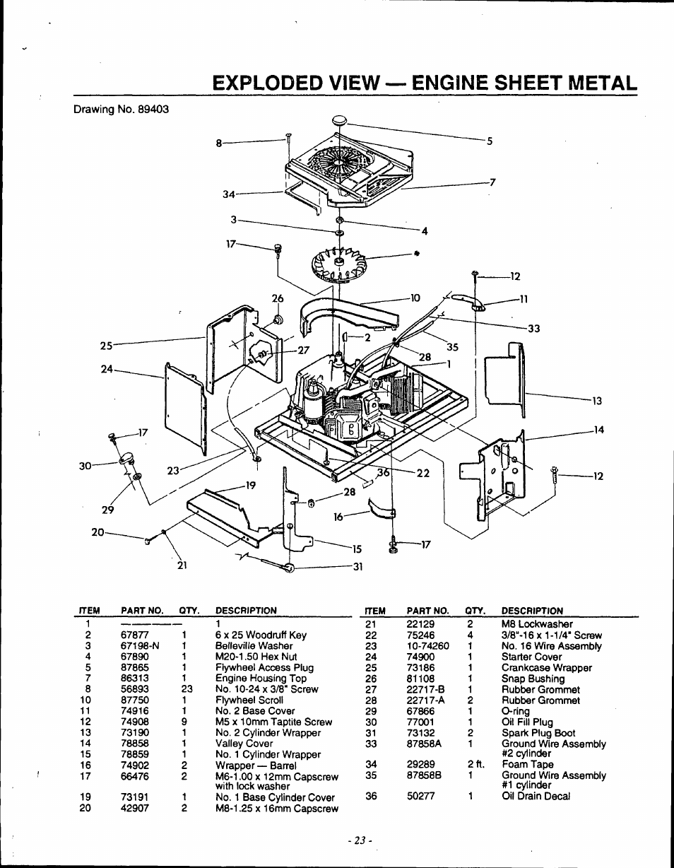 Exploded view — engine sheet metal | Generac 9600-3 User Manual | Page 25 / 32