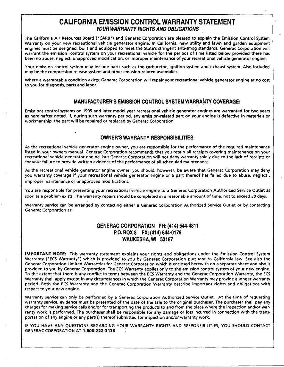California emission control warranty statement | Generac 9600-3 User Manual | Page 30 / 32