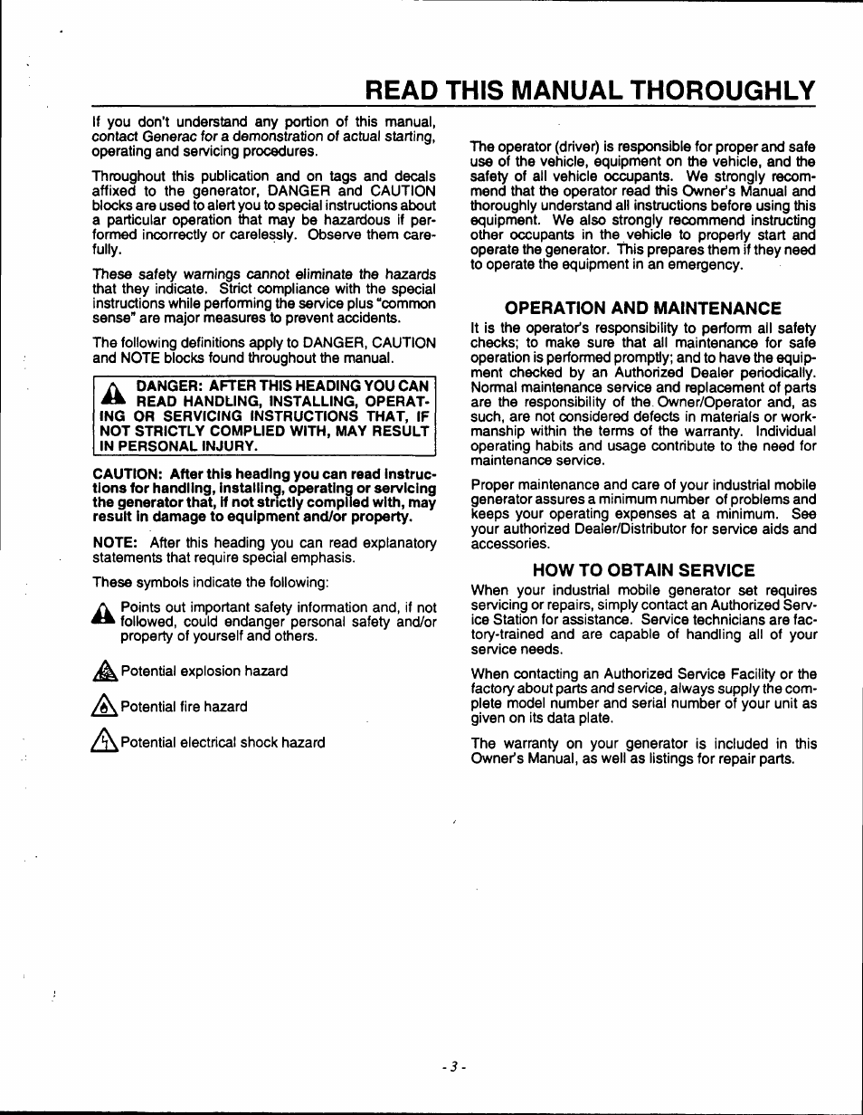 Read this manual thoroughly, Operation and maintenance, How to obtain service | Generac 9600-3 User Manual | Page 5 / 32