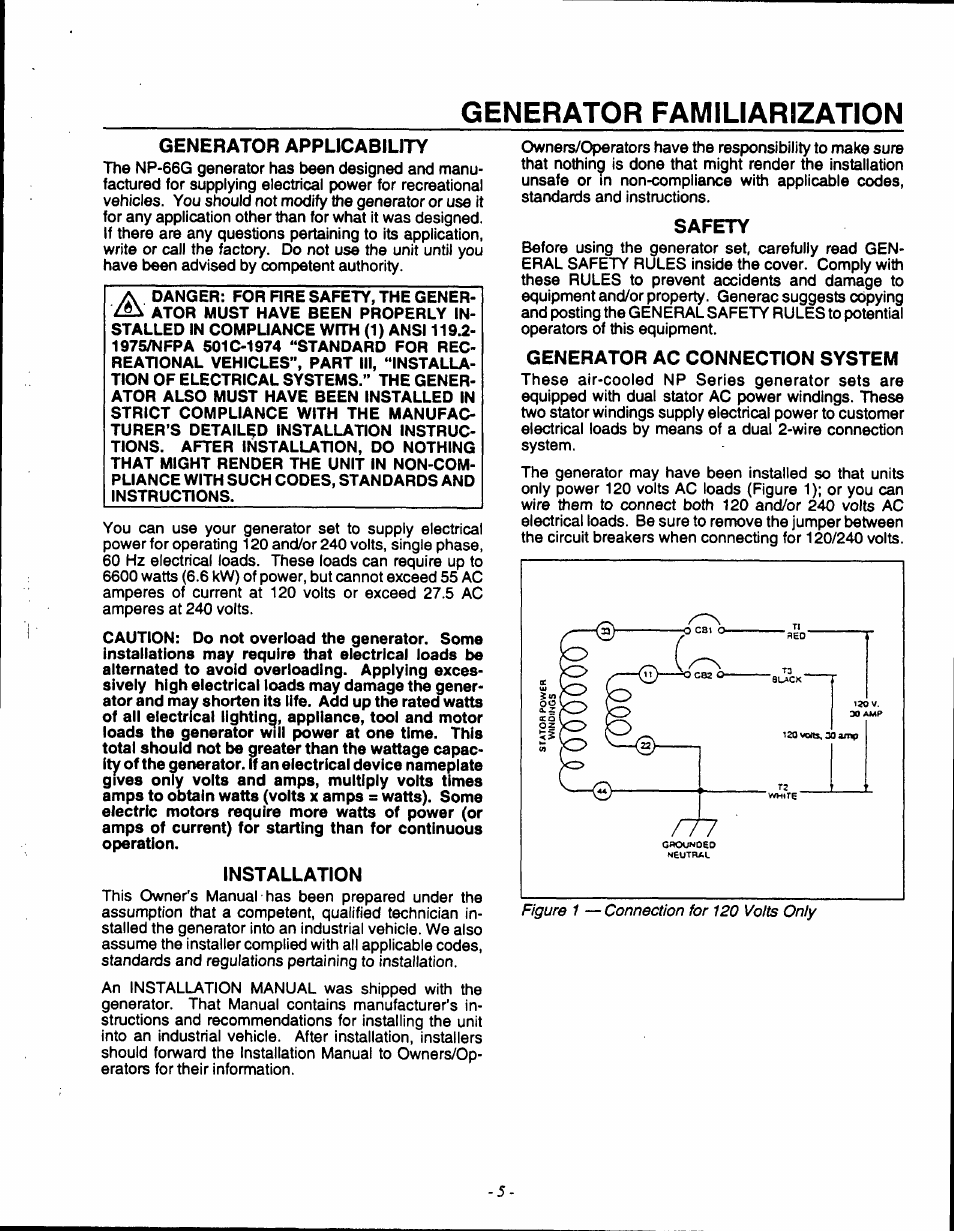 Generator familiarization, Generator applicability, Installation | Safety, Generator ac connection system, Generator applicabiiity | Generac 9600-3 User Manual | Page 7 / 32
