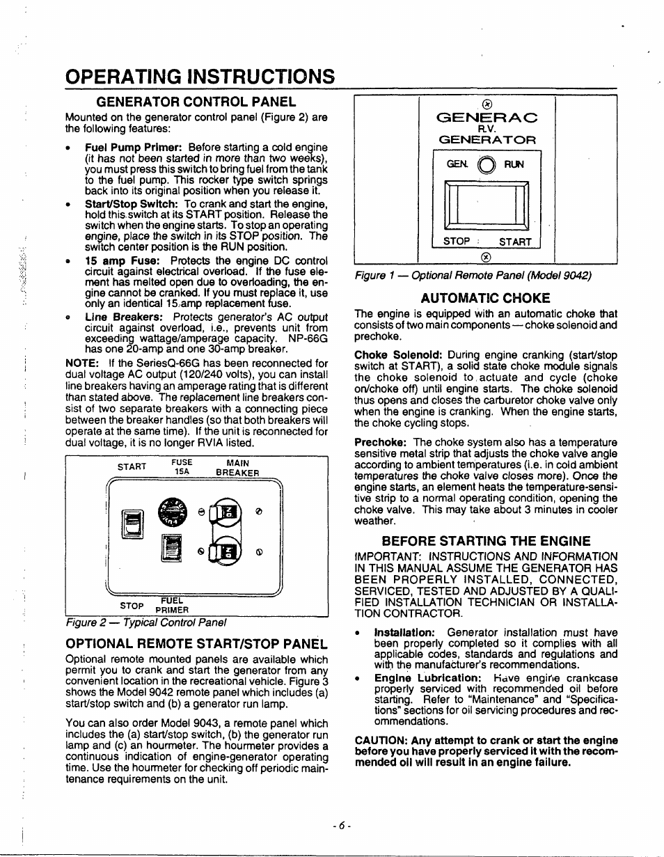 Operating instructions, Generator control panel, Optional remote start/stop panel | Before starting the engine | Generac 9600-3 User Manual | Page 8 / 32