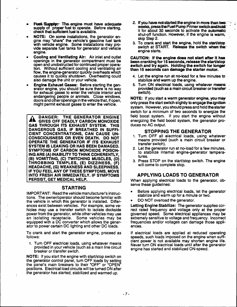 Starting, Stopping the generator, Applying loads to generator | Generac 9600-3 User Manual | Page 9 / 32