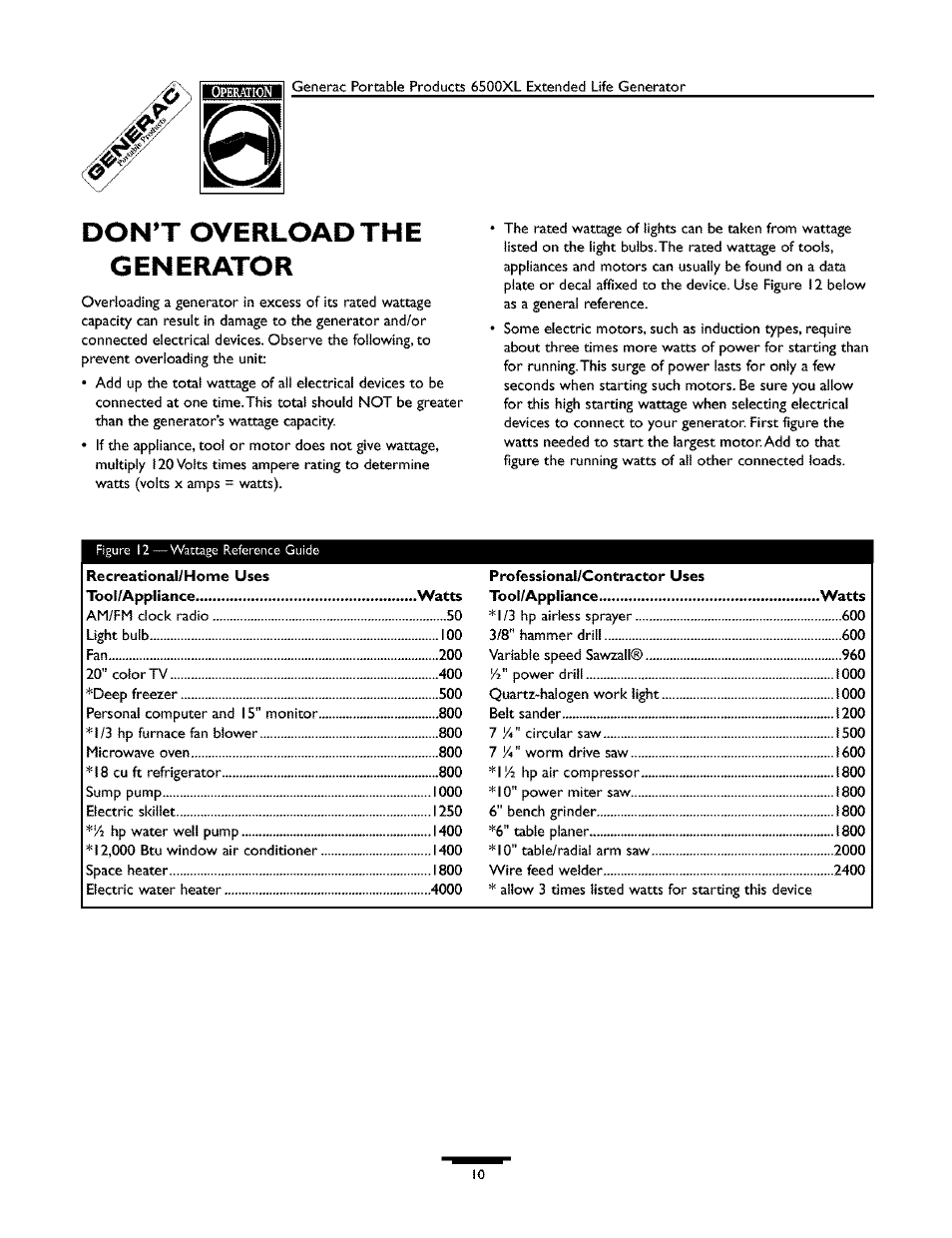 Don’t overload the | Generac 6500XL 09779-2 User Manual | Page 10 / 20