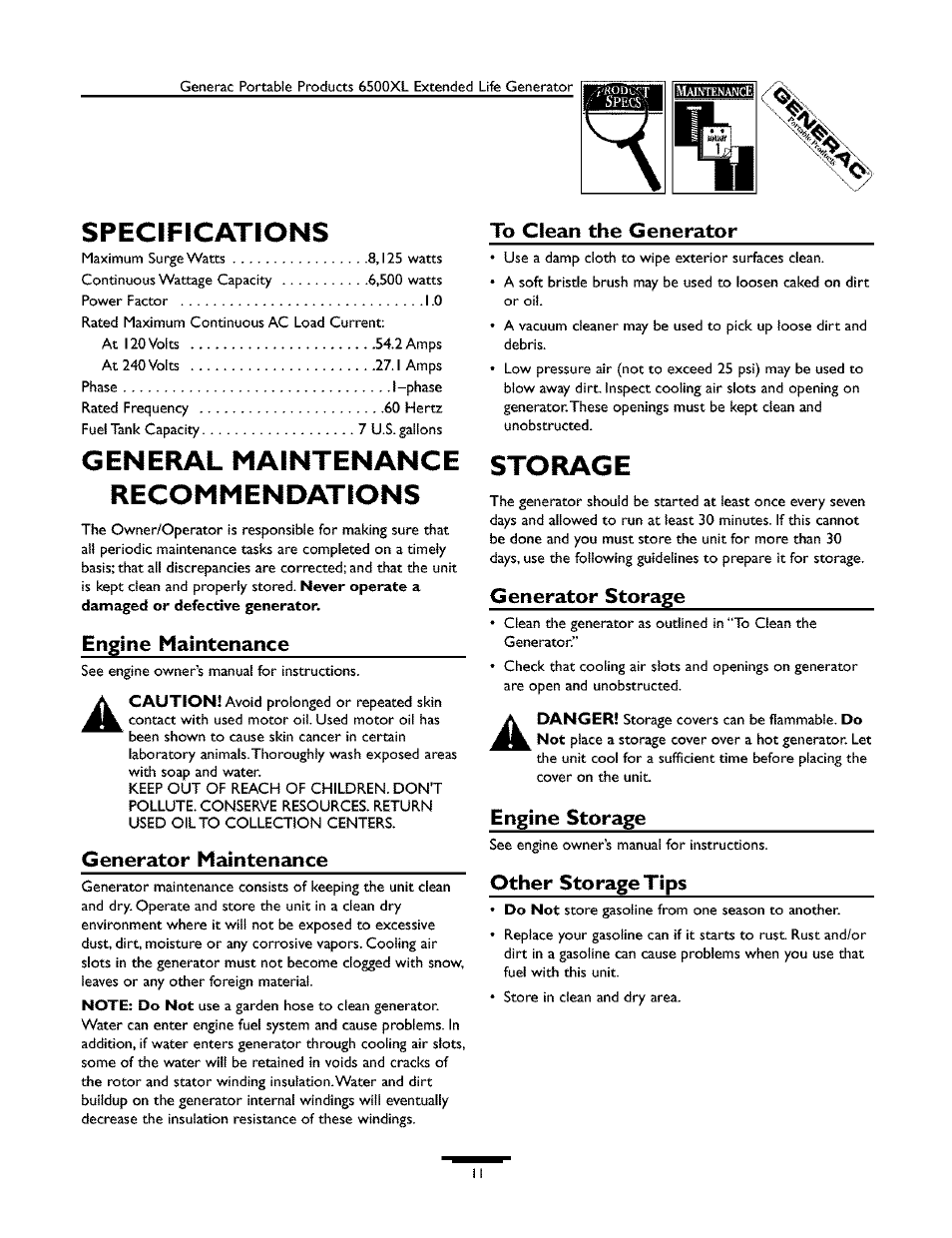 Specifications, Cenepal maintenance recommendations, Storage | Generac 6500XL 09779-2 User Manual | Page 11 / 20