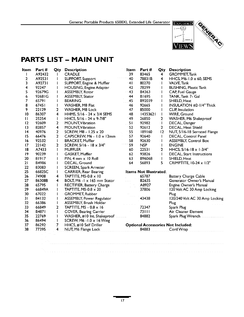 Parts list - main unit | Generac 6500XL 09779-2 User Manual | Page 17 / 20