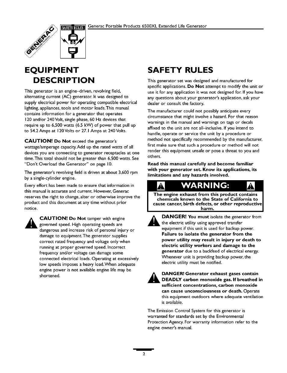 Equipment, Description, Safety rules | Warning, Equipment description | Generac 6500XL 09779-2 User Manual | Page 2 / 20