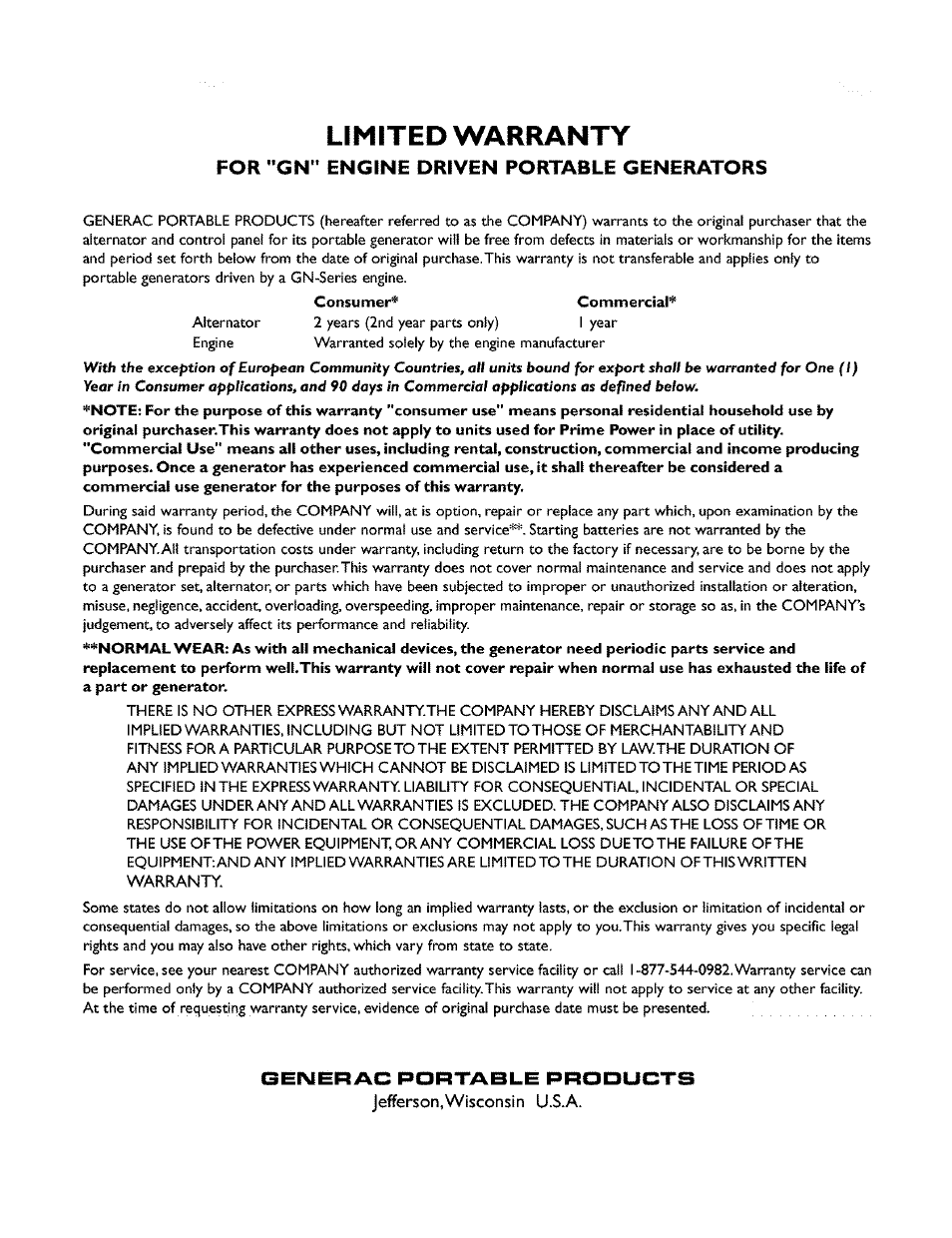 Limited warranty, For "gn" engine driven portable generators | Generac 6500XL 09779-2 User Manual | Page 20 / 20