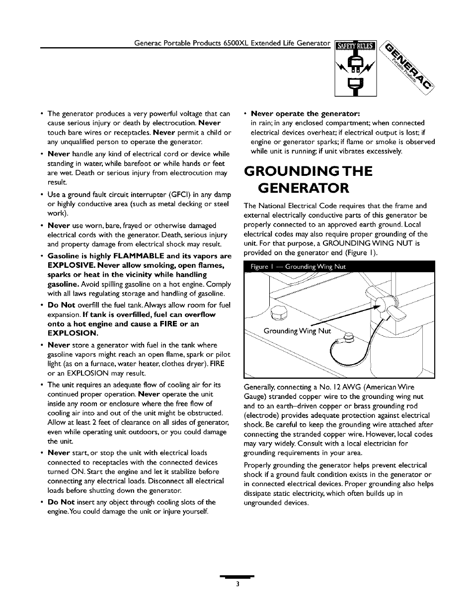 Grounding the g en er/vtor | Generac 6500XL 09779-2 User Manual | Page 3 / 20