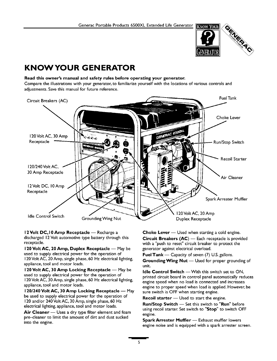 Knowyour generator | Generac 6500XL 09779-2 User Manual | Page 5 / 20