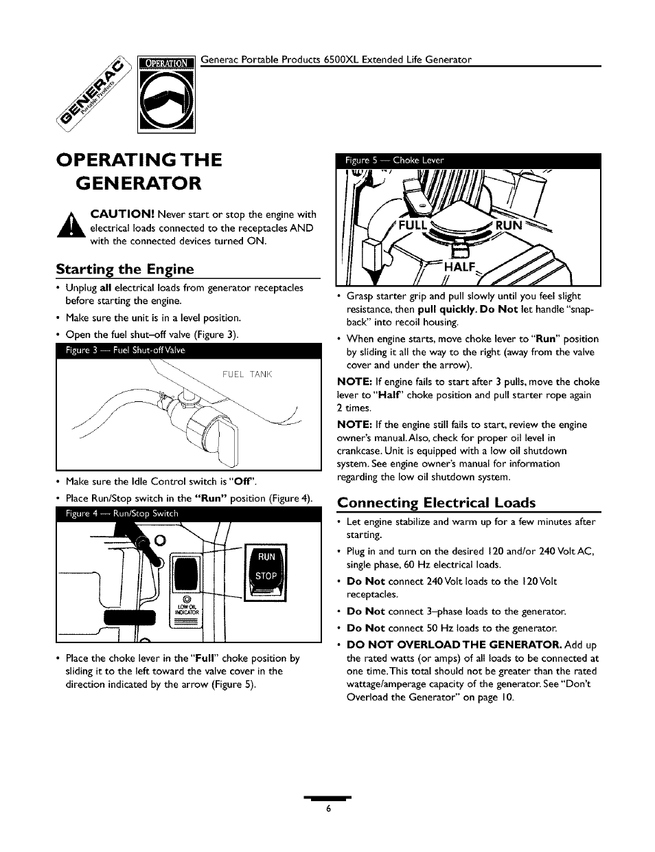Operating the | Generac 6500XL 09779-2 User Manual | Page 6 / 20