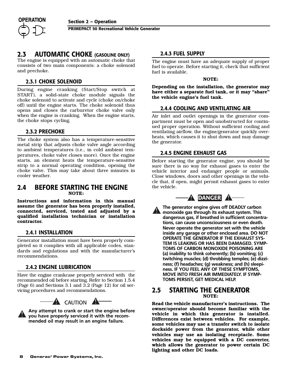 3 automatic choke, 4 before starting the engine, 5 starting the generator | Generac 02010-0 User Manual | Page 10 / 60