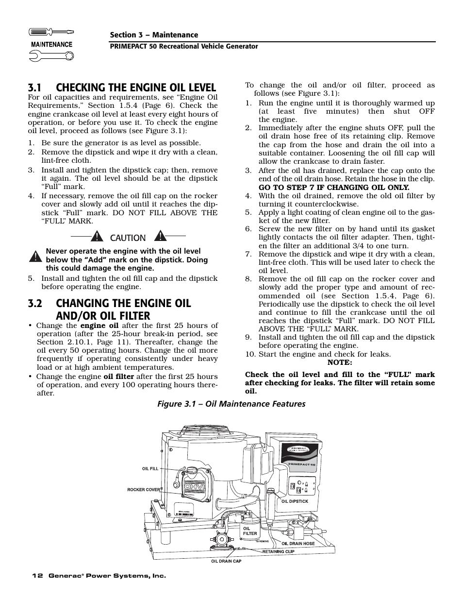 1 checking the engine oil level, 2 changing the engine oil and/or oil filter | Generac 02010-0 User Manual | Page 14 / 60