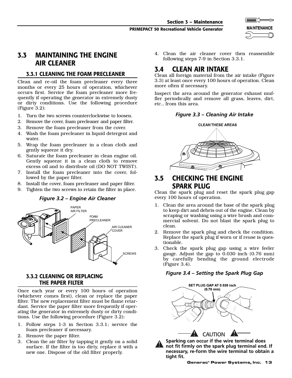 3 maintaining the engine air cleaner, 4 clean air intake, 5 checking the engine spark plug | Generac 02010-0 User Manual | Page 15 / 60