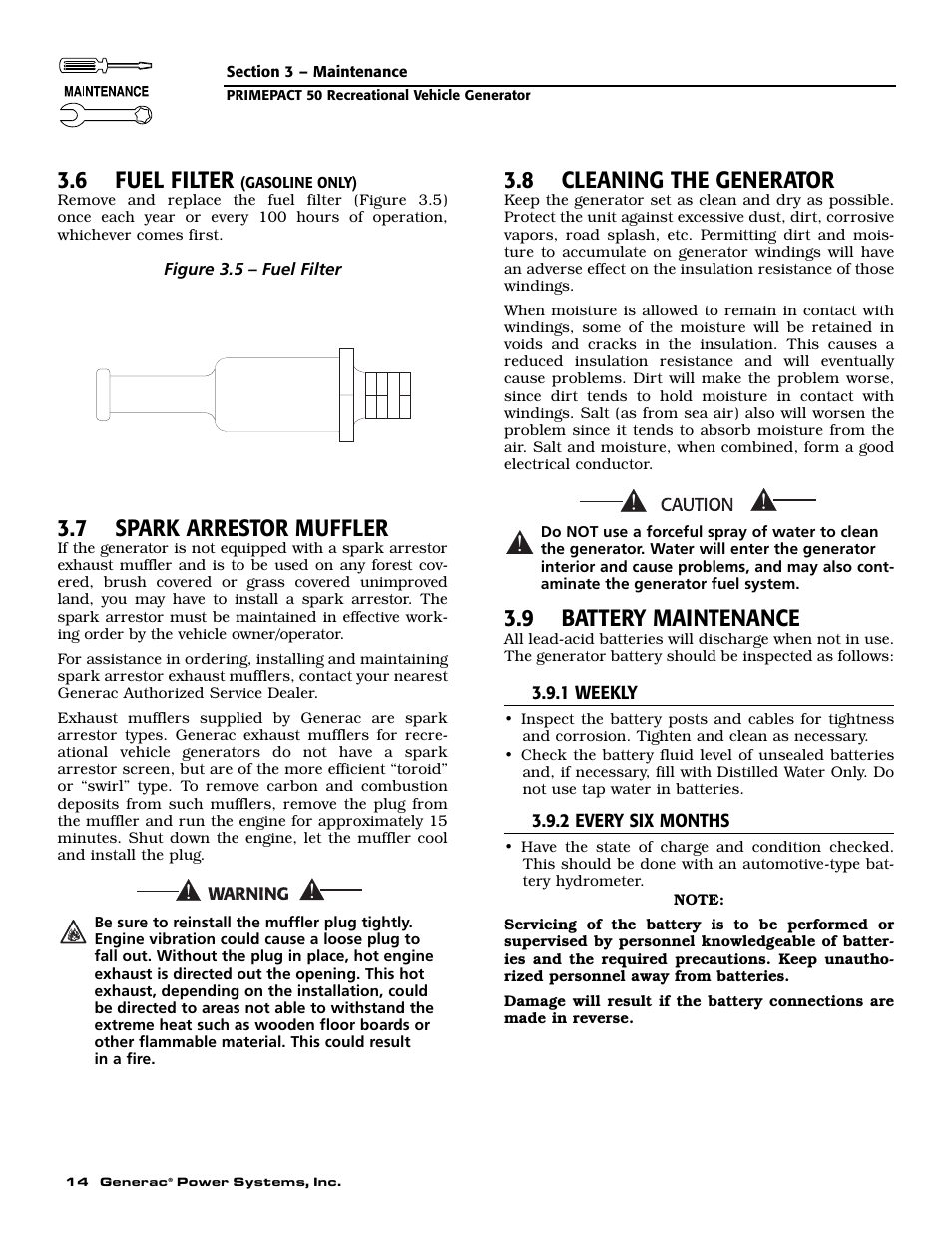 6 fuel filter, 7 spark arrestor muffler, 8 cleaning the generator | 9 battery maintenance | Generac 02010-0 User Manual | Page 16 / 60