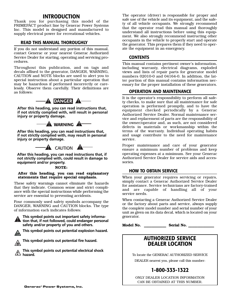 Introduction, Authorized service dealer location | Generac 02010-0 User Manual | Page 2 / 60