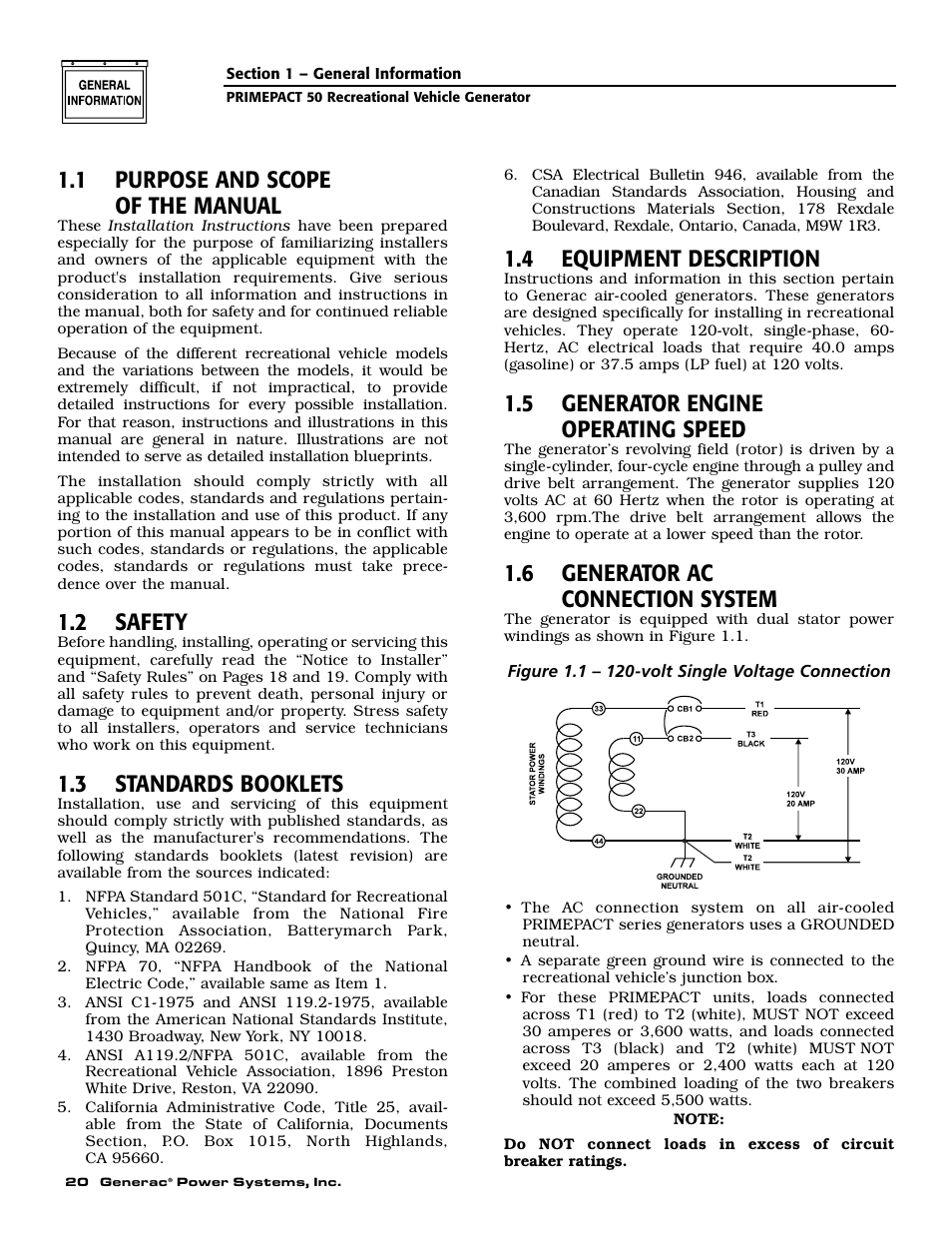 1 purpose and scope of the manual, 2 safety, 3 standards booklets | 4 equipment description, 5 generator engine operating speed, 6 generator ac connection system | Generac 02010-0 User Manual | Page 22 / 60