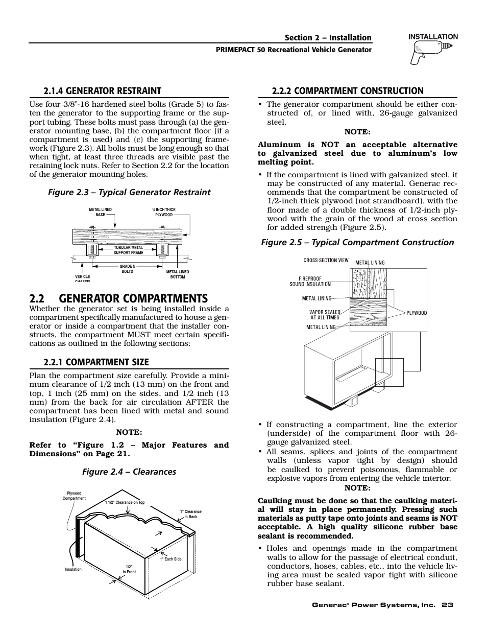 2 generator compartments, 4 generator restraint, 1 compartment size | 2 compartment construction | Generac 02010-0 User Manual | Page 25 / 60