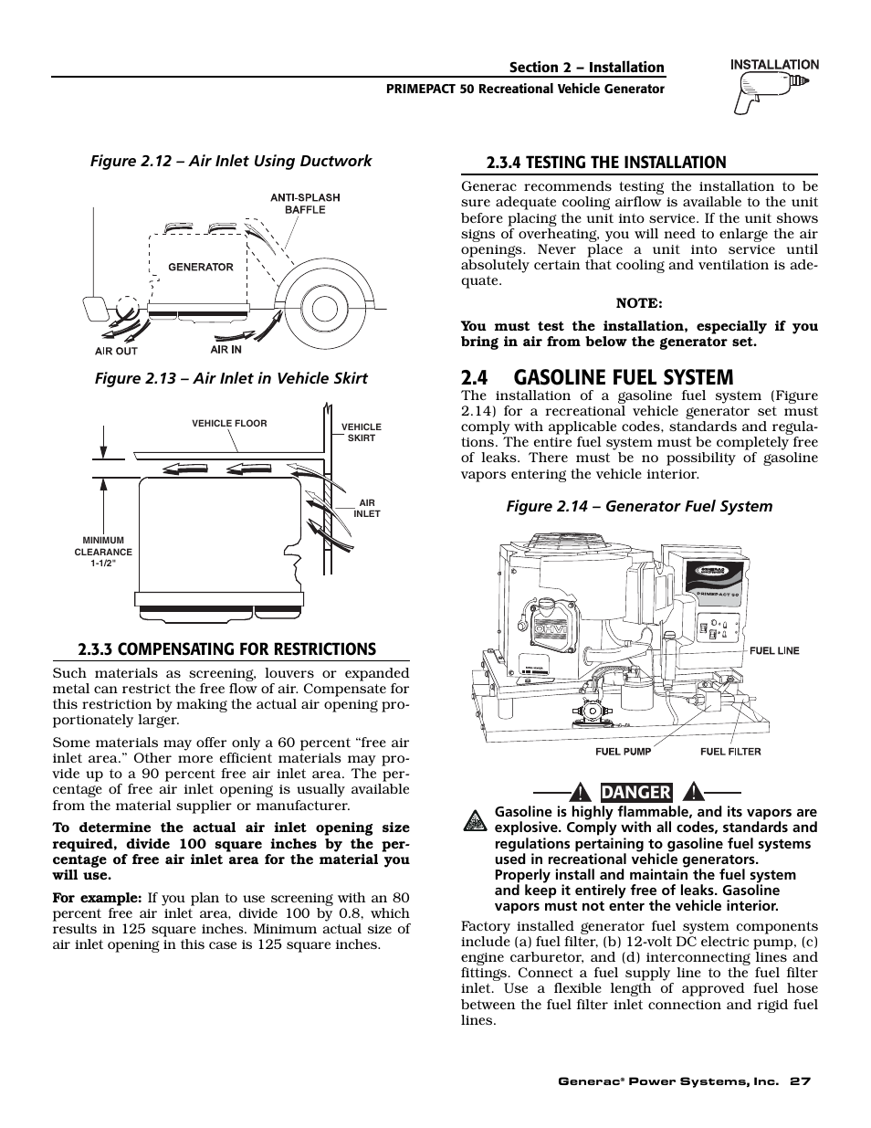 4 gasoline fuel system, Danger | Generac 02010-0 User Manual | Page 29 / 60