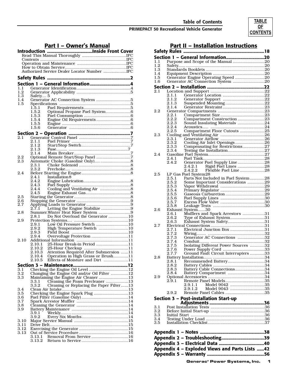 Part i – owner’s manual, Part ii – installation instructions | Generac 02010-0 User Manual | Page 3 / 60