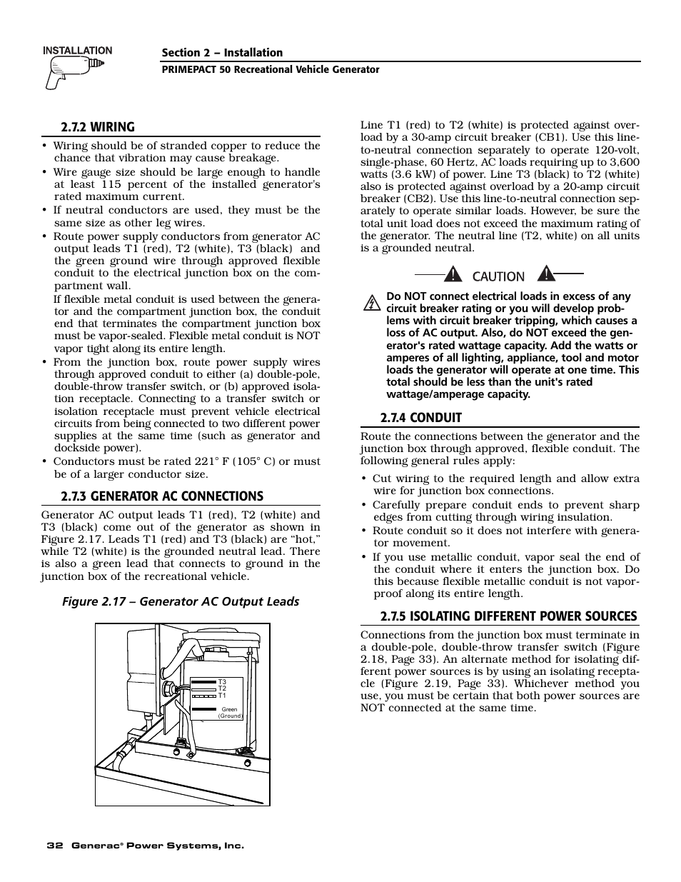 2 wiring, 3 generator ac connections, 4 conduit | 5 isolating different power sources | Generac 02010-0 User Manual | Page 34 / 60