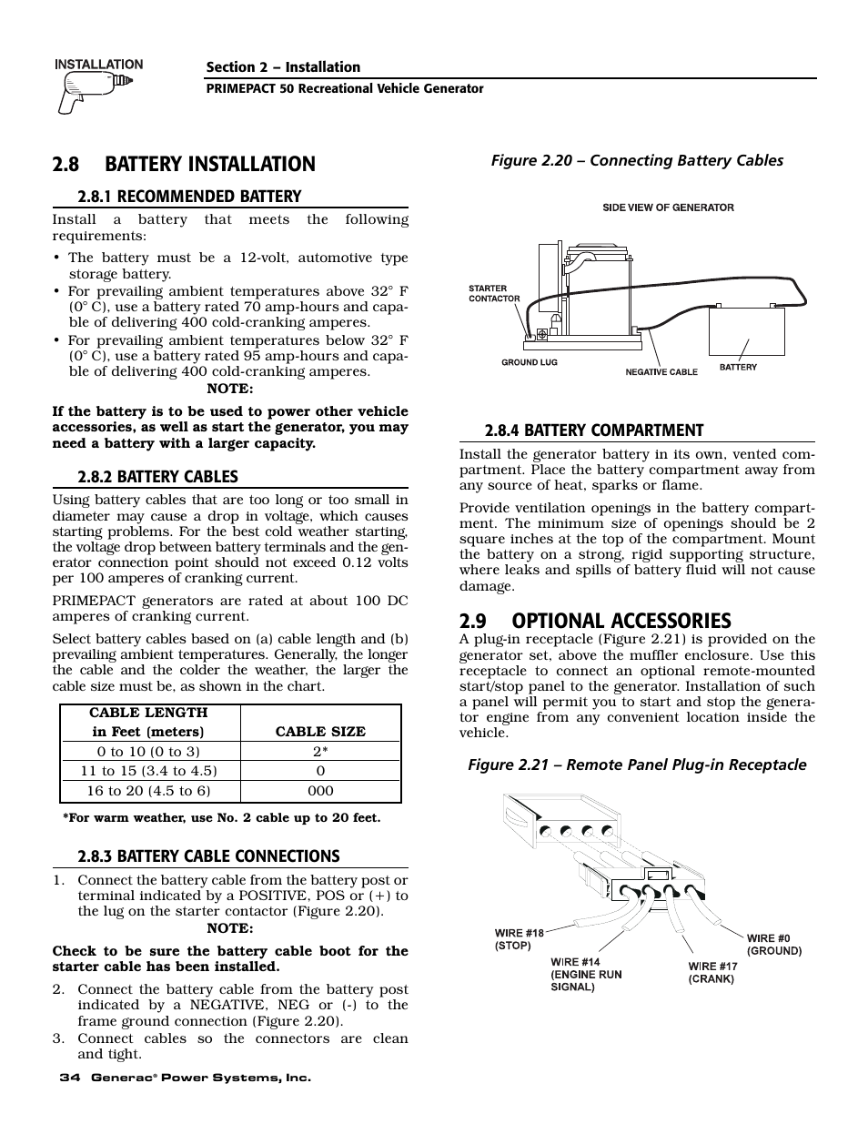 8 battery installation, 9 optional accessories | Generac 02010-0 User Manual | Page 36 / 60