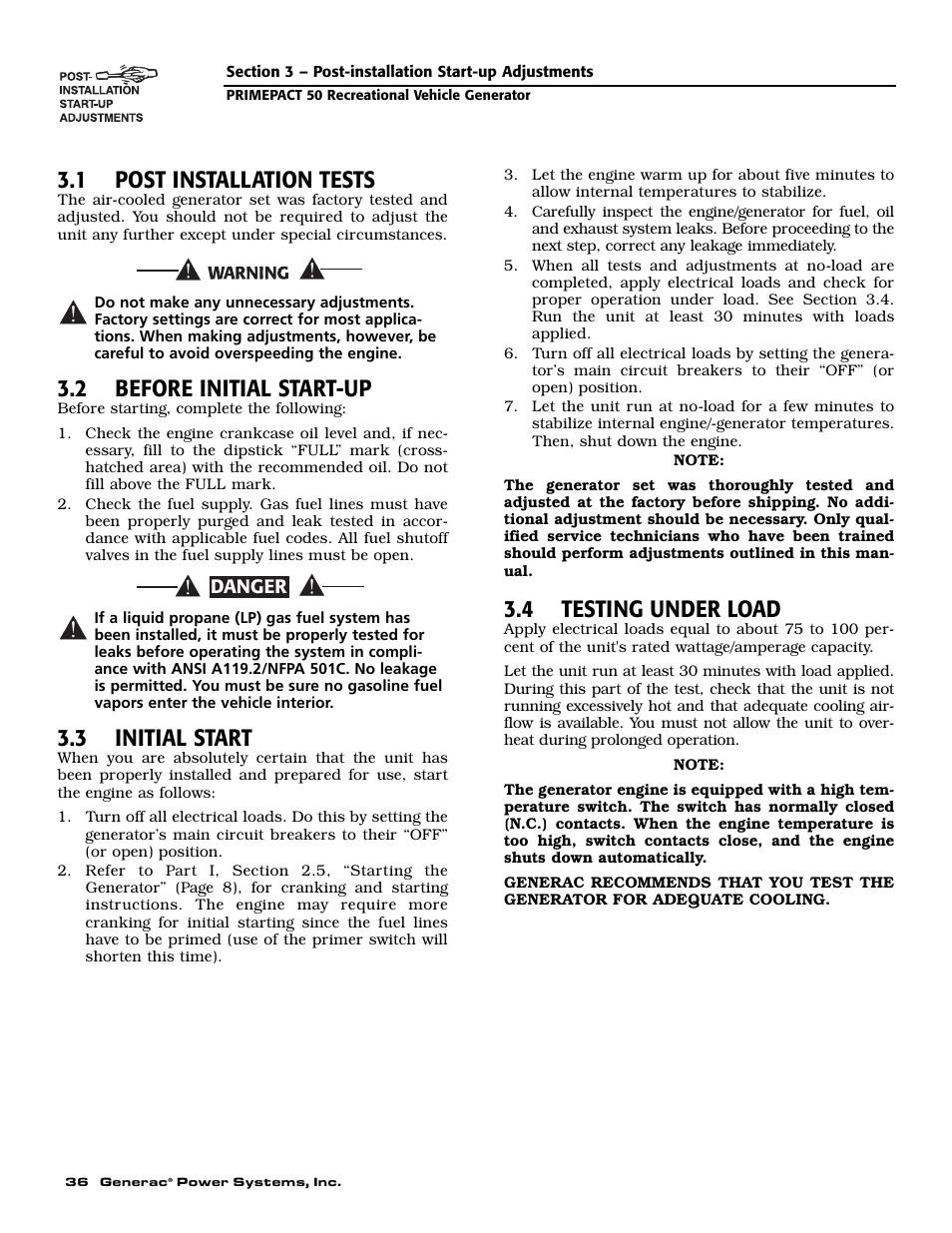 1 post installation tests, 2 before initial start-up, 3 initial start | 4 testing under load | Generac 02010-0 User Manual | Page 38 / 60