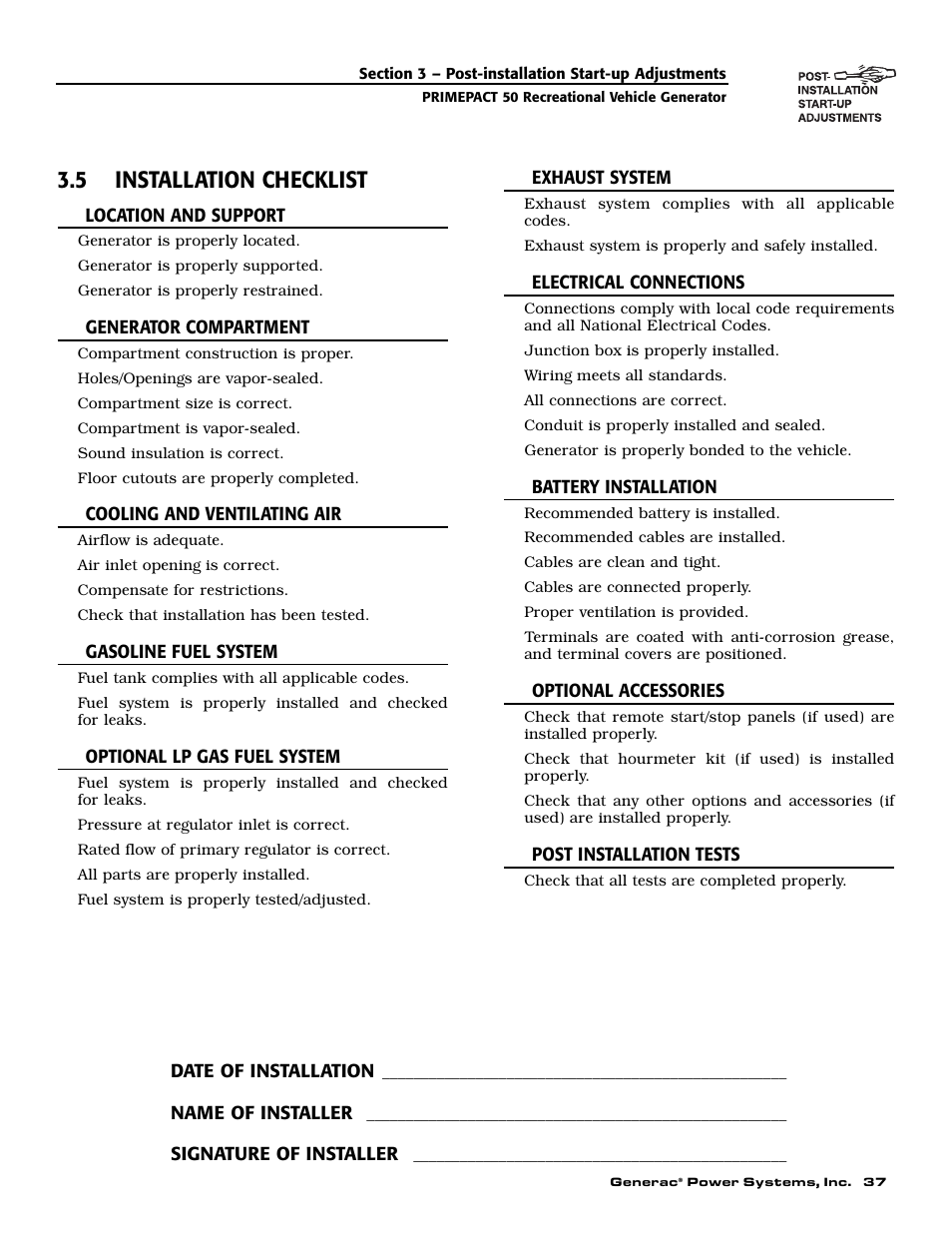 5 installation checklist | Generac 02010-0 User Manual | Page 39 / 60